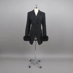 Vintage Navy Pinstripe Jacket Fox Fur Cuffs M